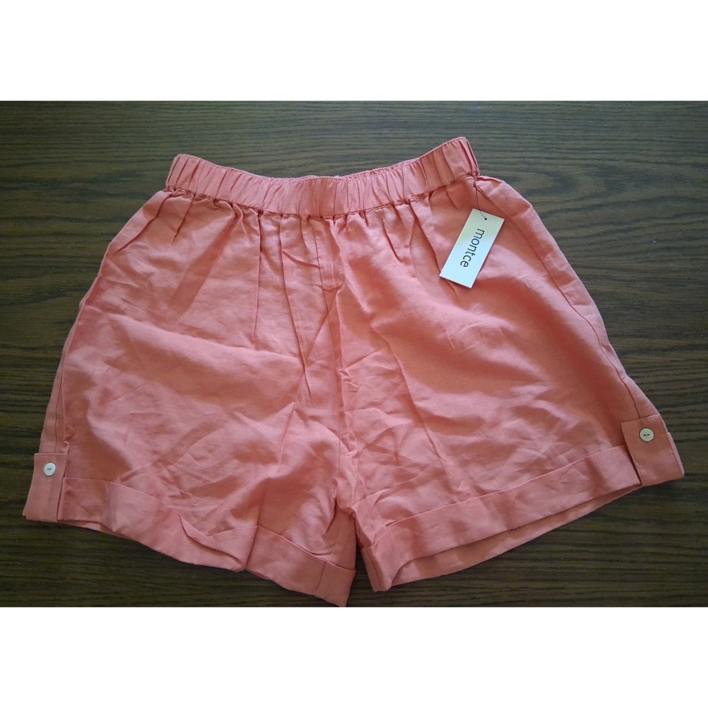 Montce Women's Linen Blend Coral Cuffed Elastic Waist Shorts Small NWT MSRP $82